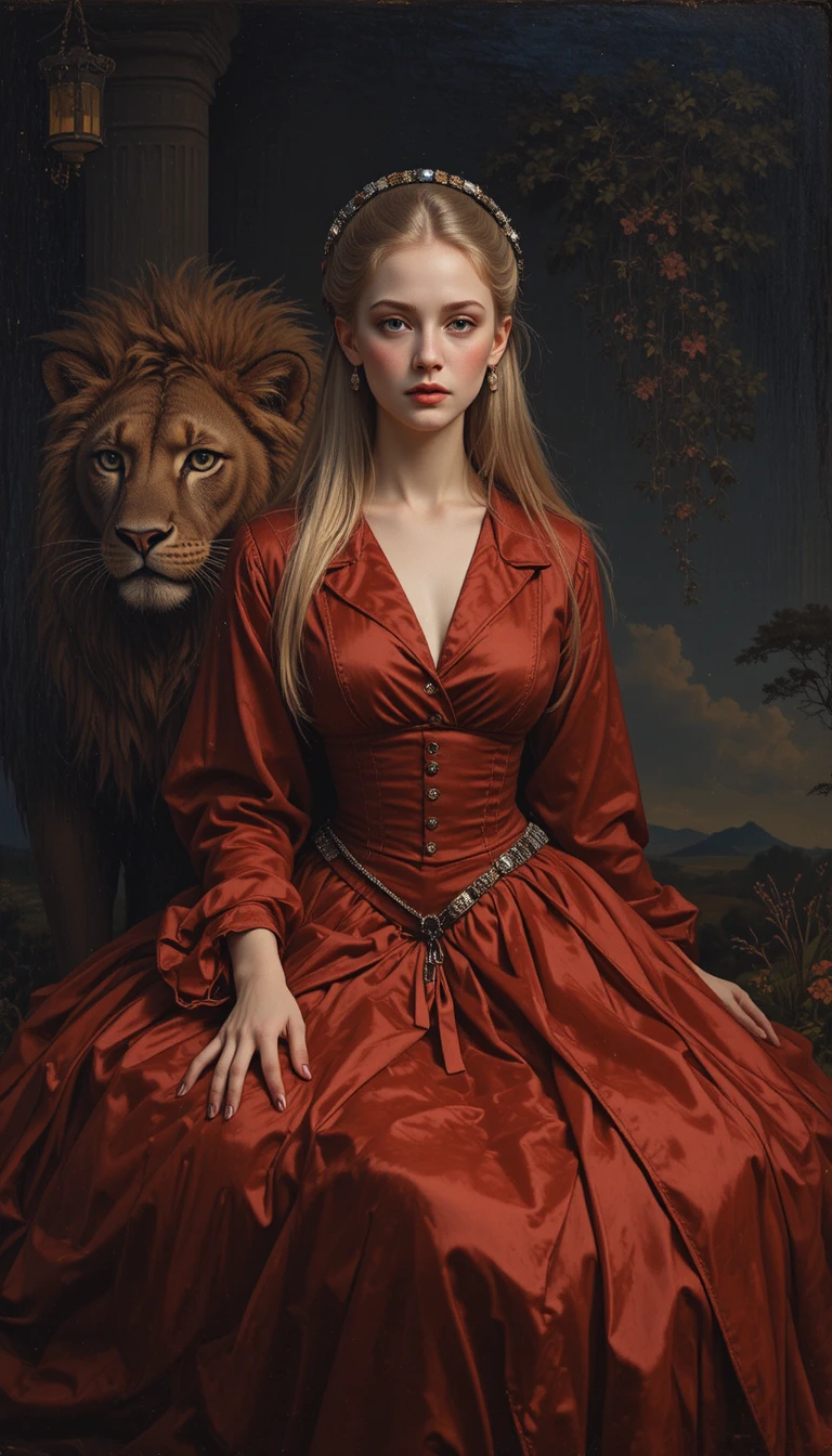 Elegante donna in rosso accanto a una pantera potente