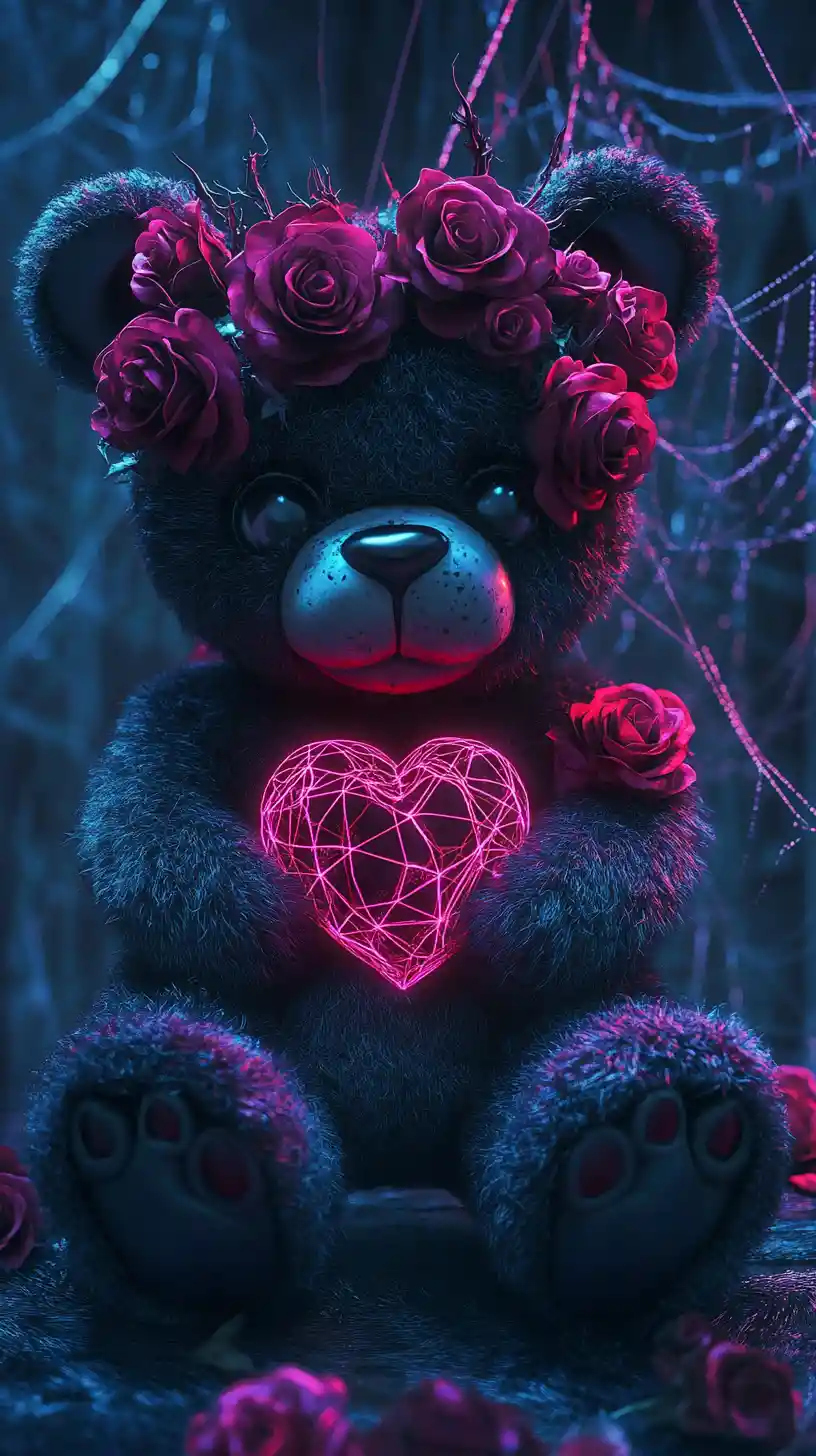 Gothic teddy bear with roses and glowing heart
