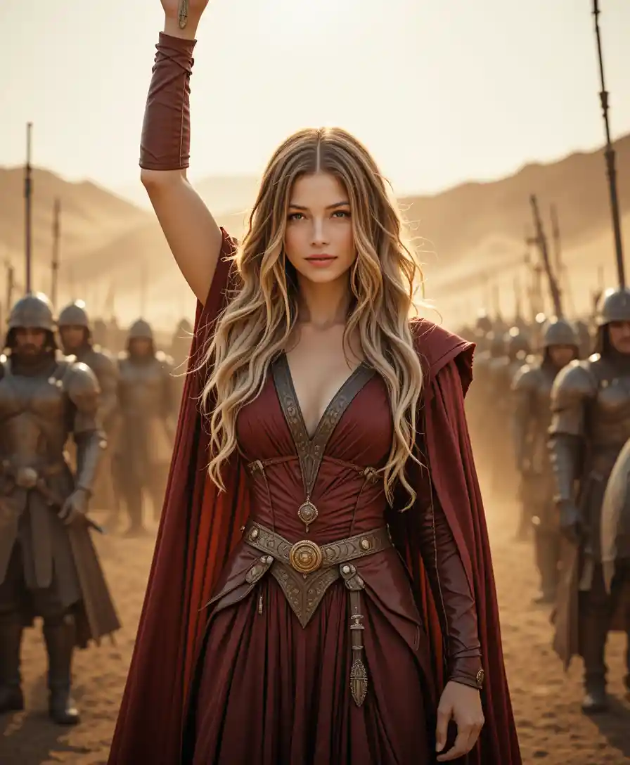 Fantasy queen leading soldiers on a sunlit desert battlefield