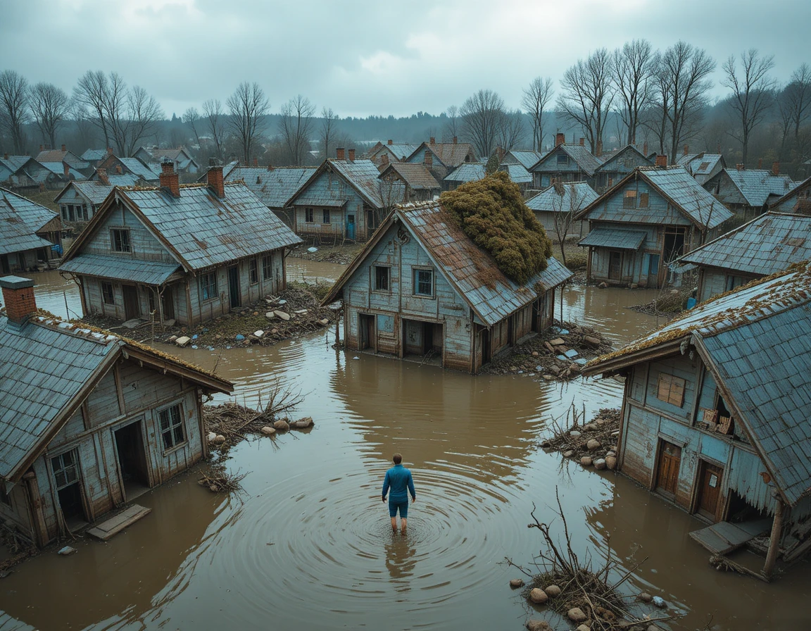 Aerial view of flooded village houses and lone walker