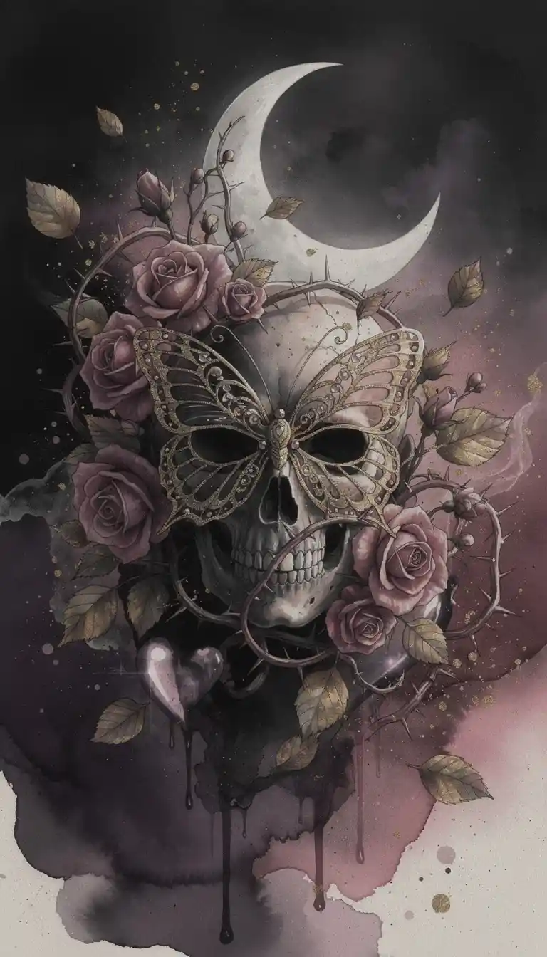Surreal skull collage with butterfly mask and roses