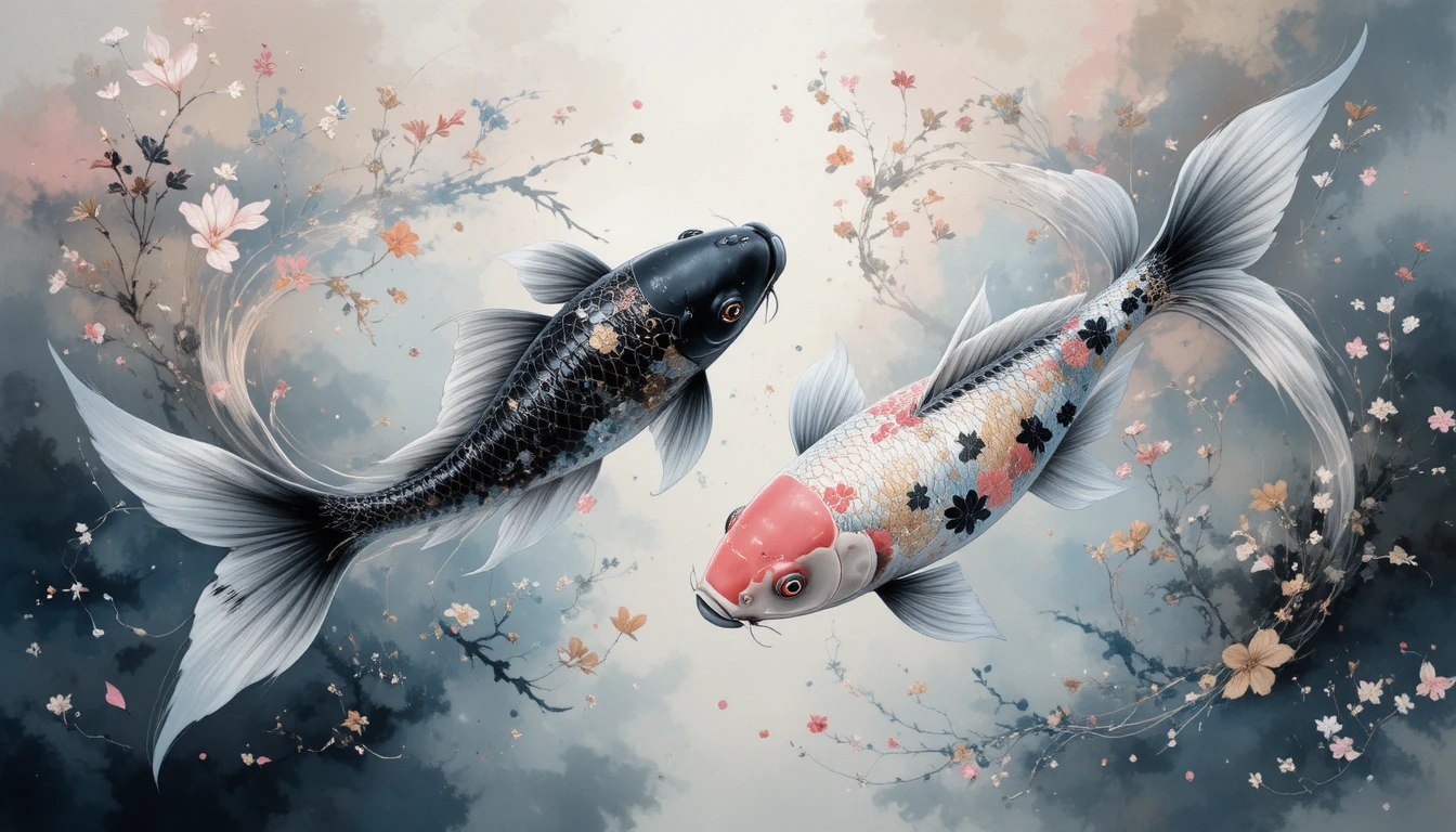 Two graceful koi fish in a tranquil aquatic dreamscape