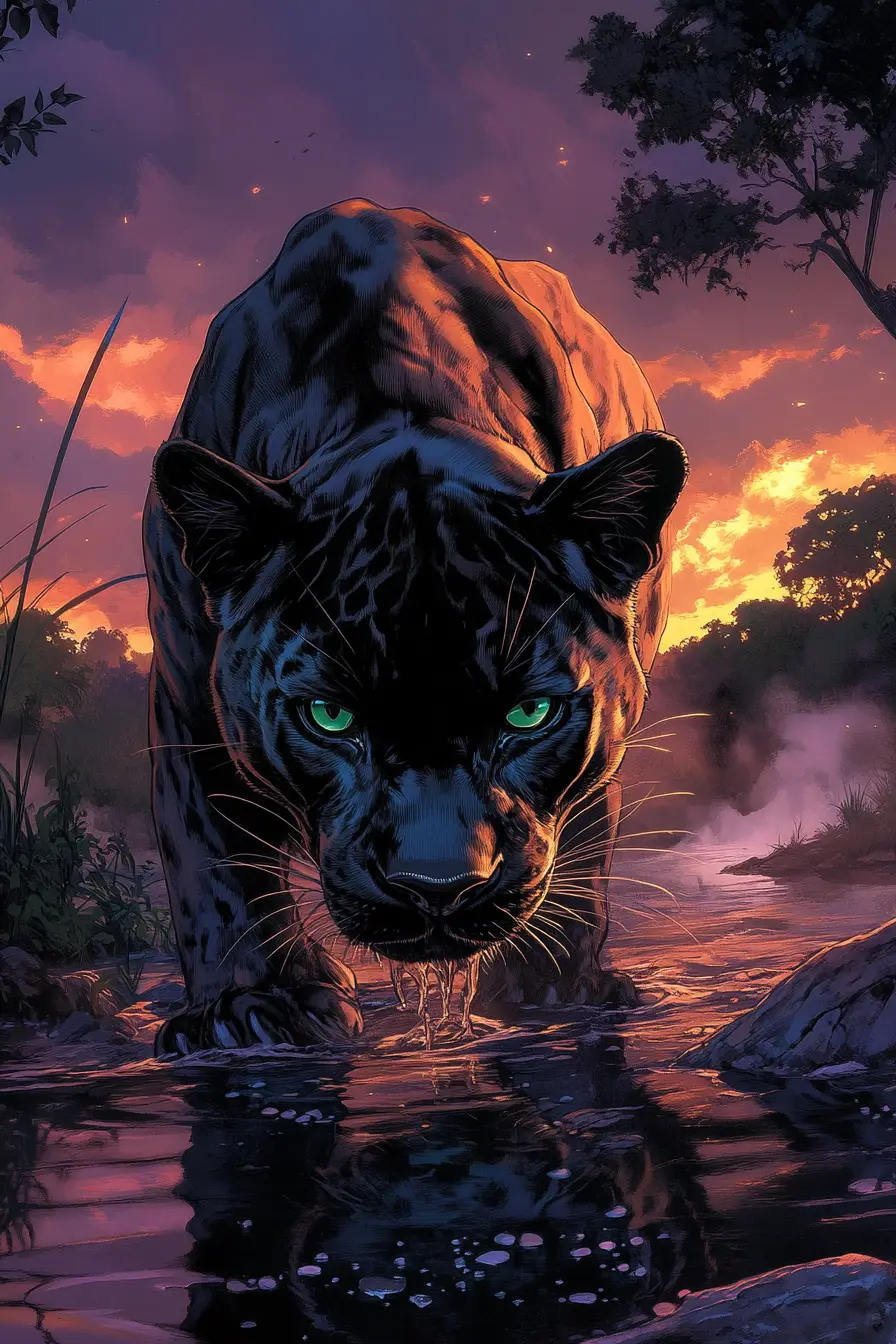 Black panther drinking from a river at sunset