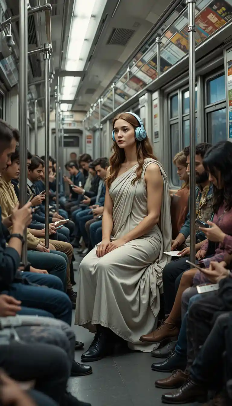 Classical inspired woman with headphones on a subway