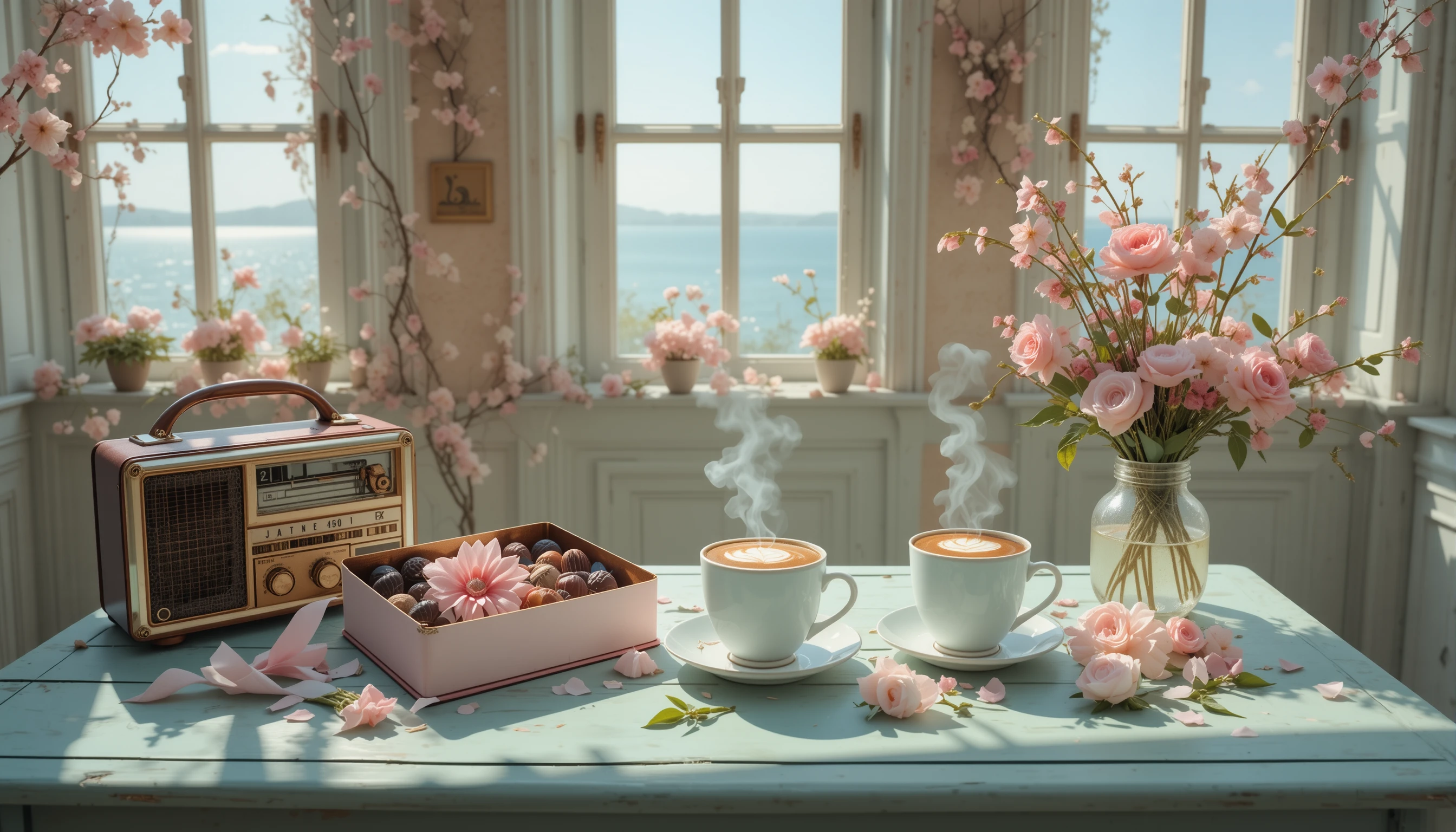 Chocolates románticos y bebidas calientes junto a una ventana soleada frente al mar