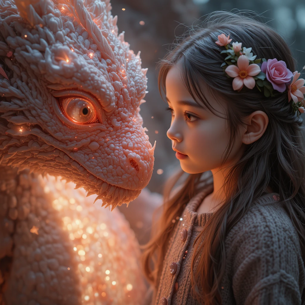 Girl Facing A Magical Dragon In Soft Dreamy Light