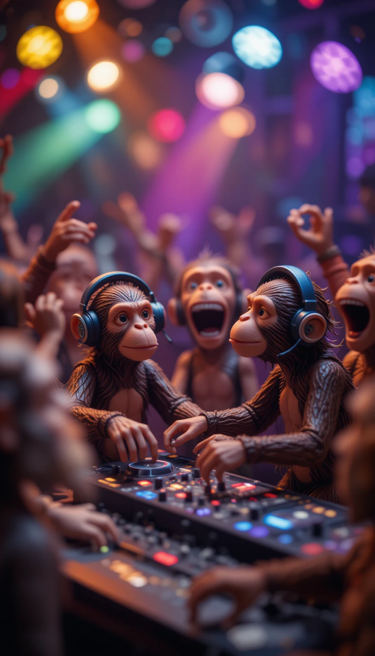 Macacos de brinquedo em miniatura fazendo DJ sob luzes coloridas de discoteca