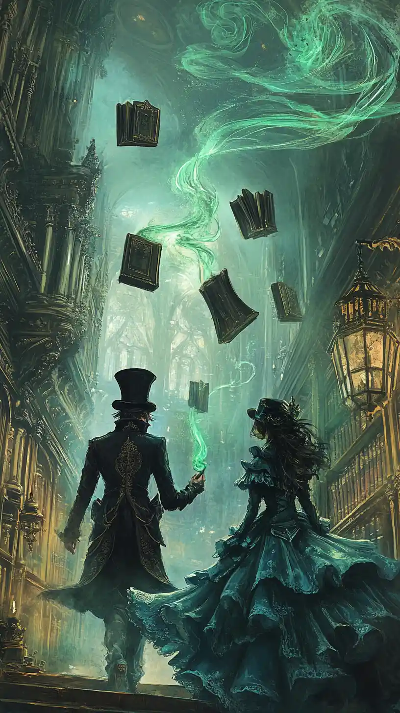 Whimsical duo in a gothic fantasy library