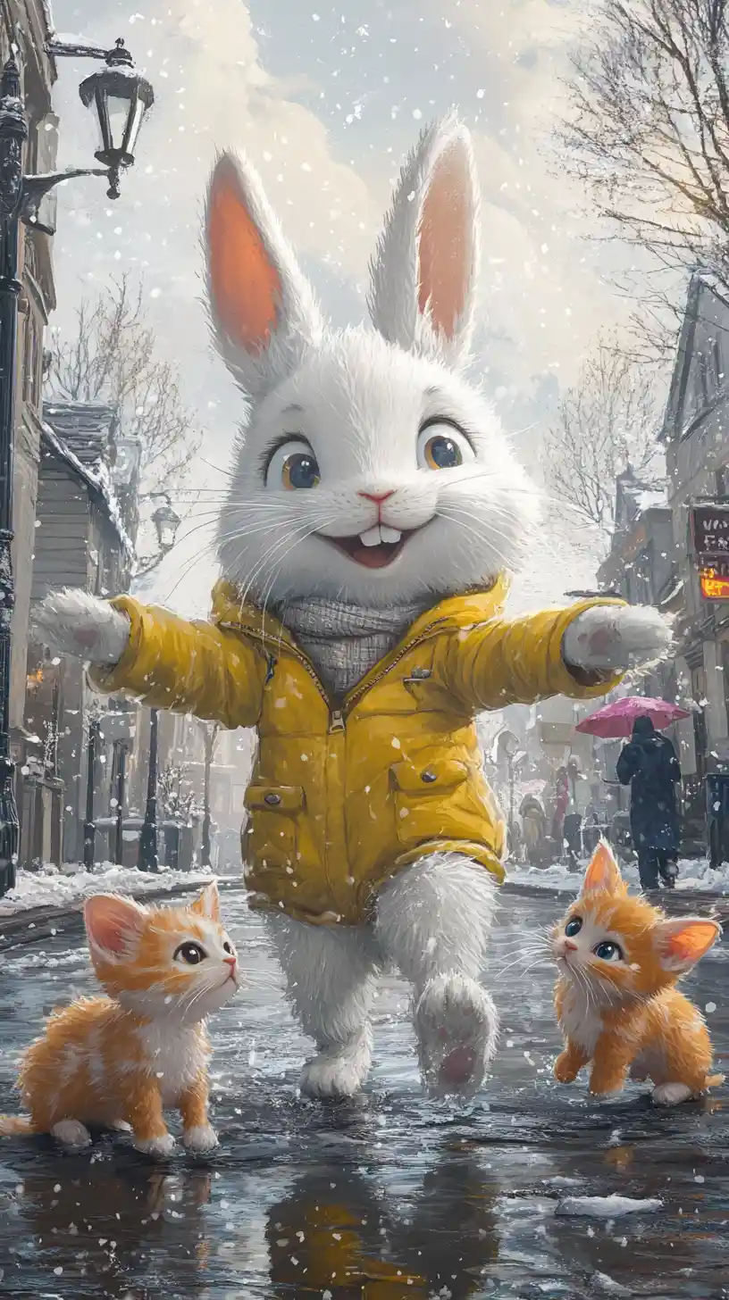 Cheerful Rabbit And Kittens On A Snowy Winter Street