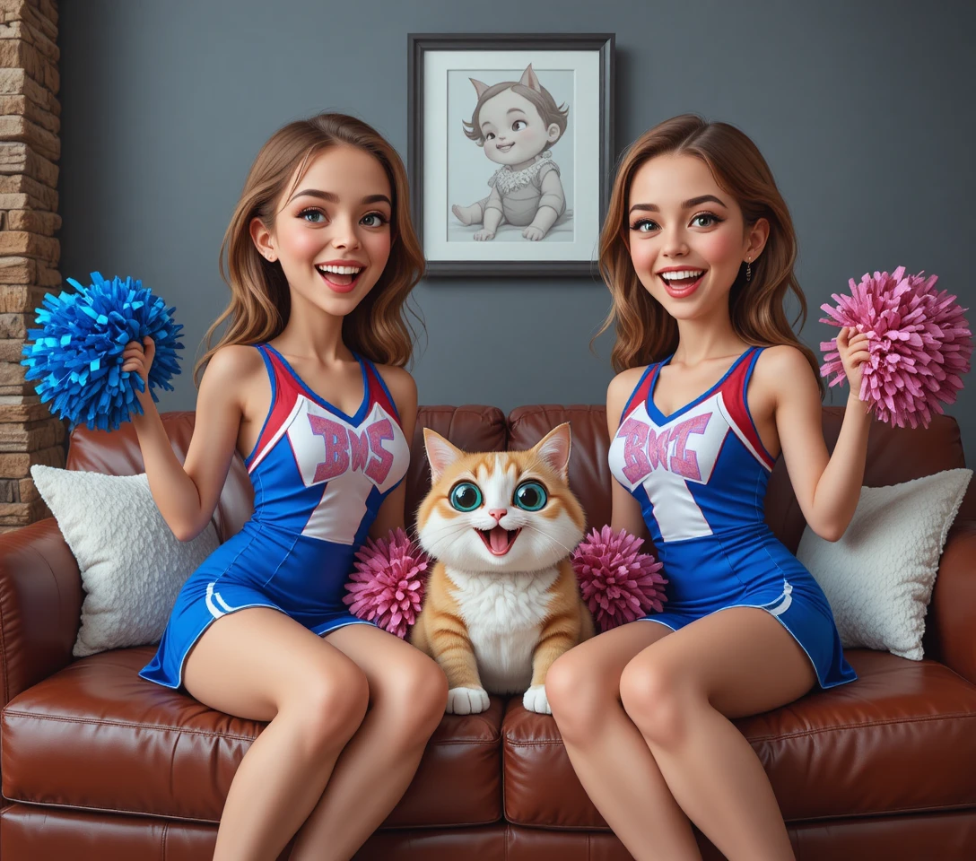 Zwei junge Cheerleaderinnen lächeln gemeinsam auf einem braunen Sofa