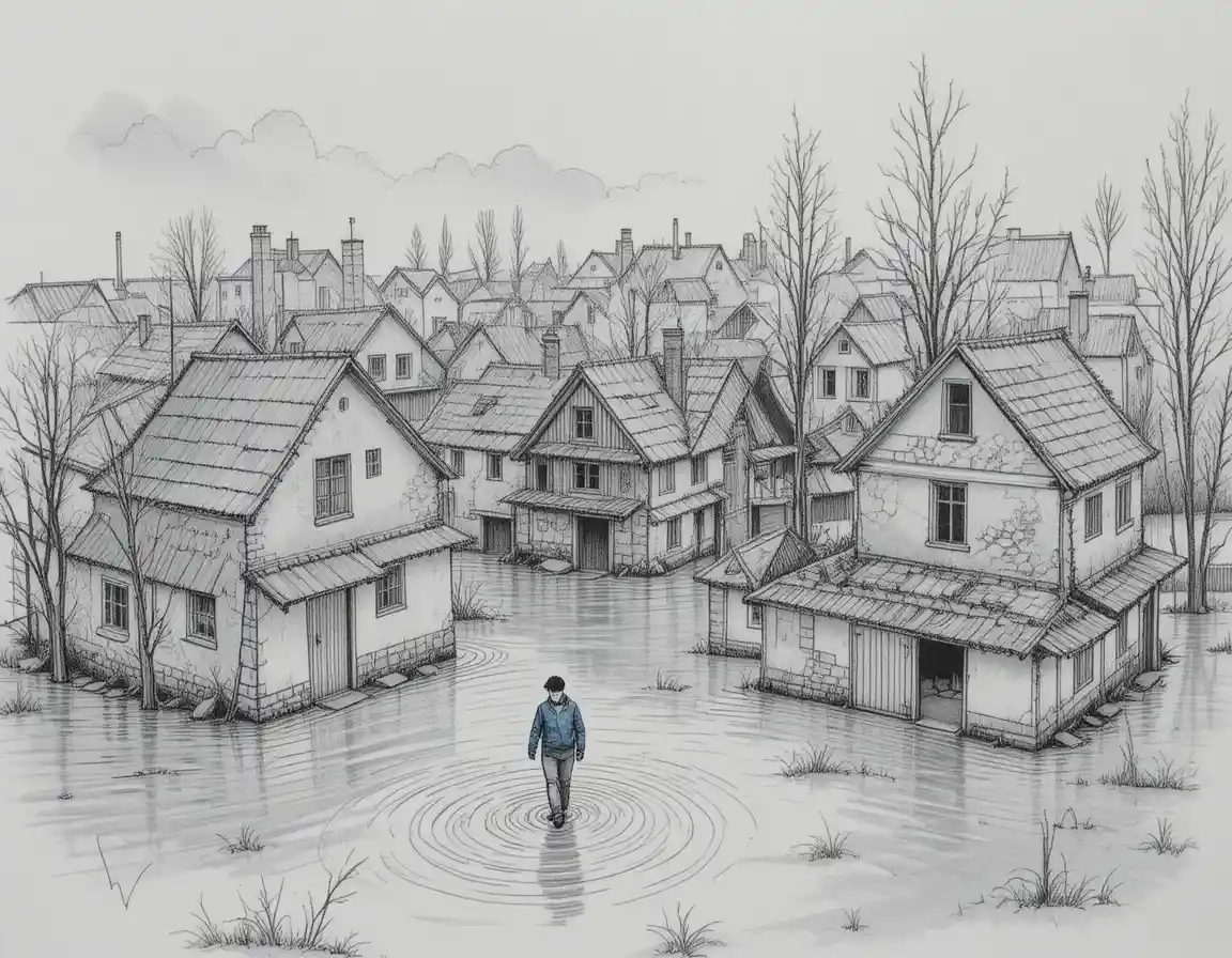 Aerial view of flooded village houses and lone walker