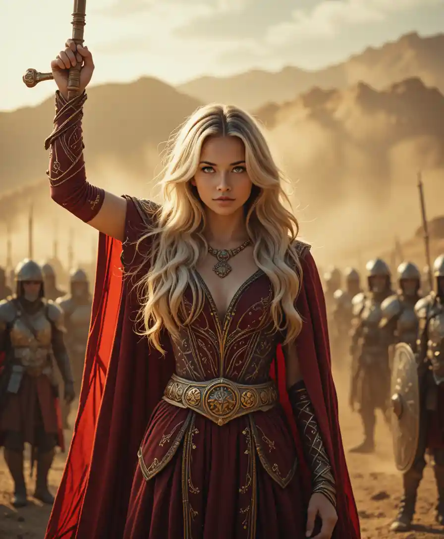 Fantasy queen raising a golden sword in desert battle