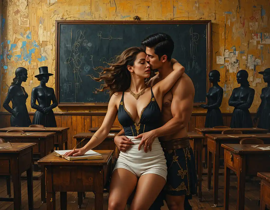 Abbraccio romantico in aula tra donna velata e uomo