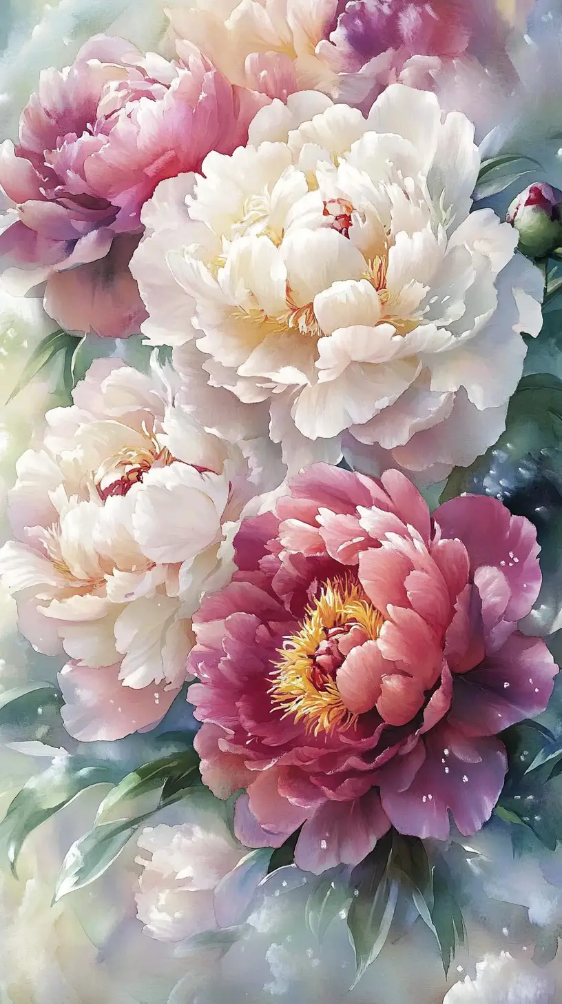 Watercolor Peonies In Soft Sunlit Bloom