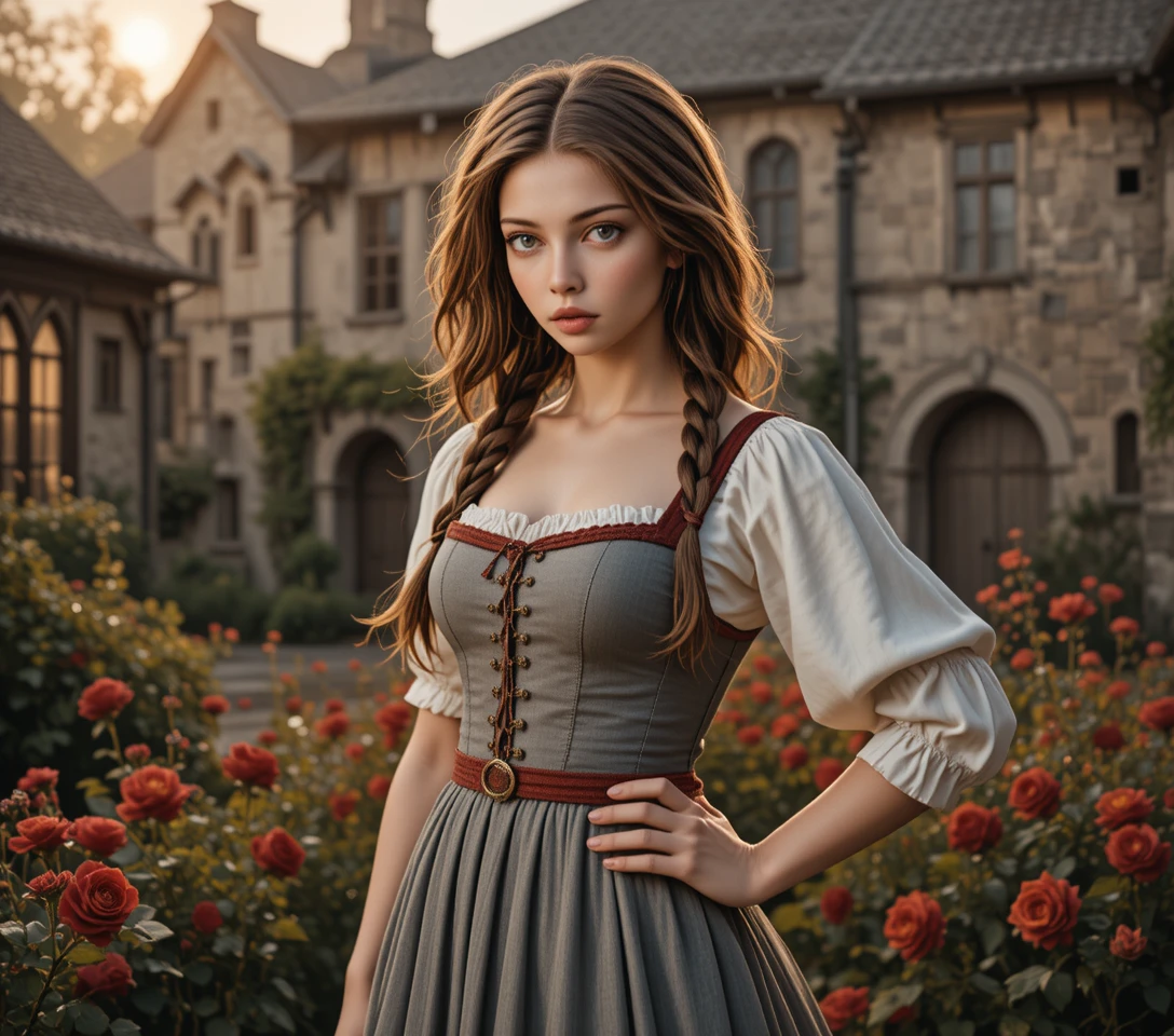 Young woman in medieval town at warm golden hour