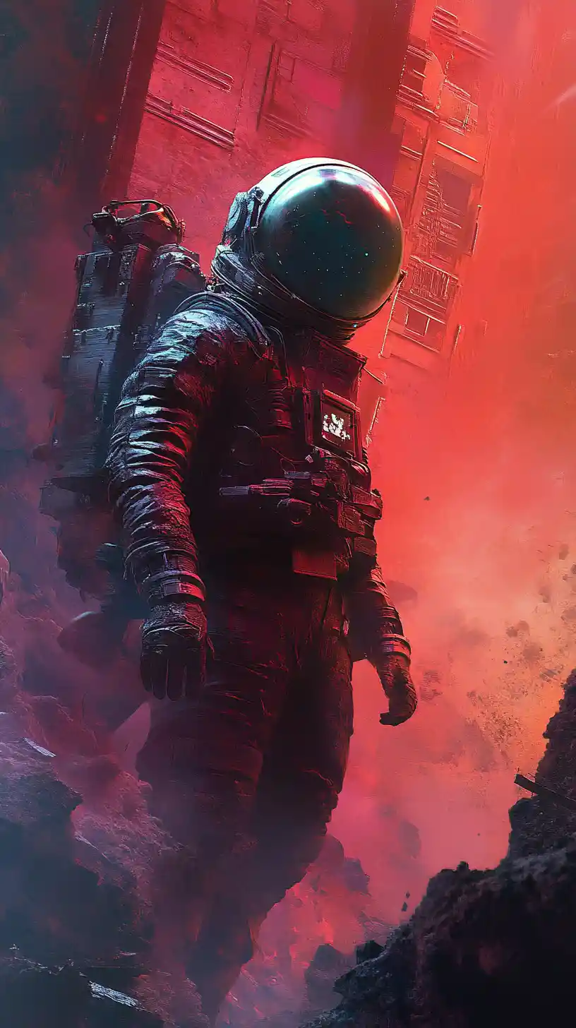 Full body sci fi woman with mechanical arm on alien world
