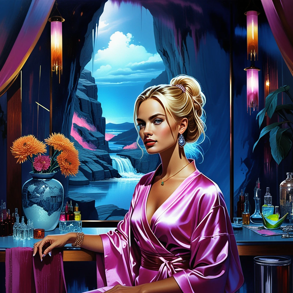 Blonde woman in kimono robe in eclectic art studio