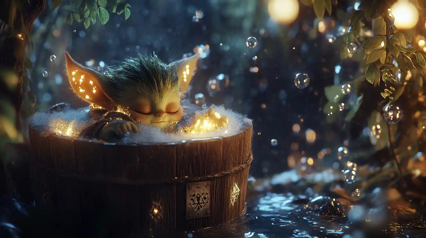 Mystischer Baby-Goblin badet in einem verzauberten Winterwald