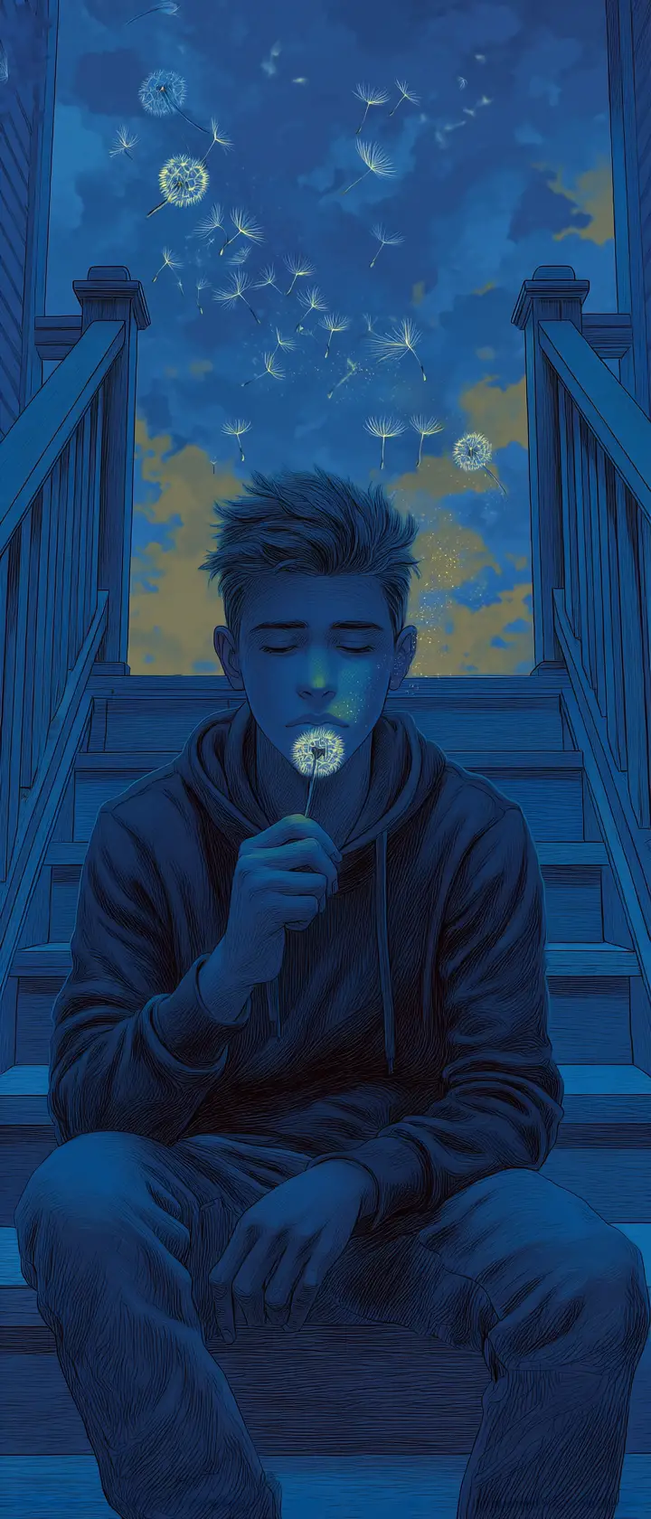 Young man on porch steps blowing dandelion seeds