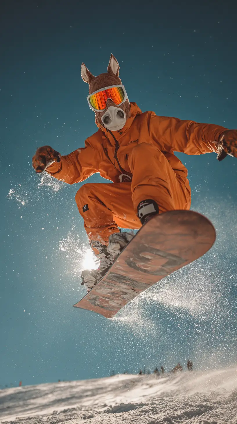 Man snowboarding with horse mask on sunny mountain day