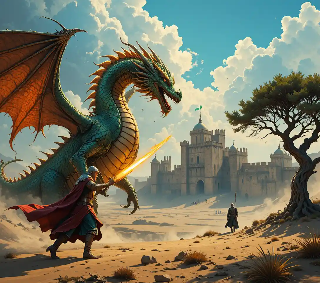 Golden dragon chasing a knight above stormy skies