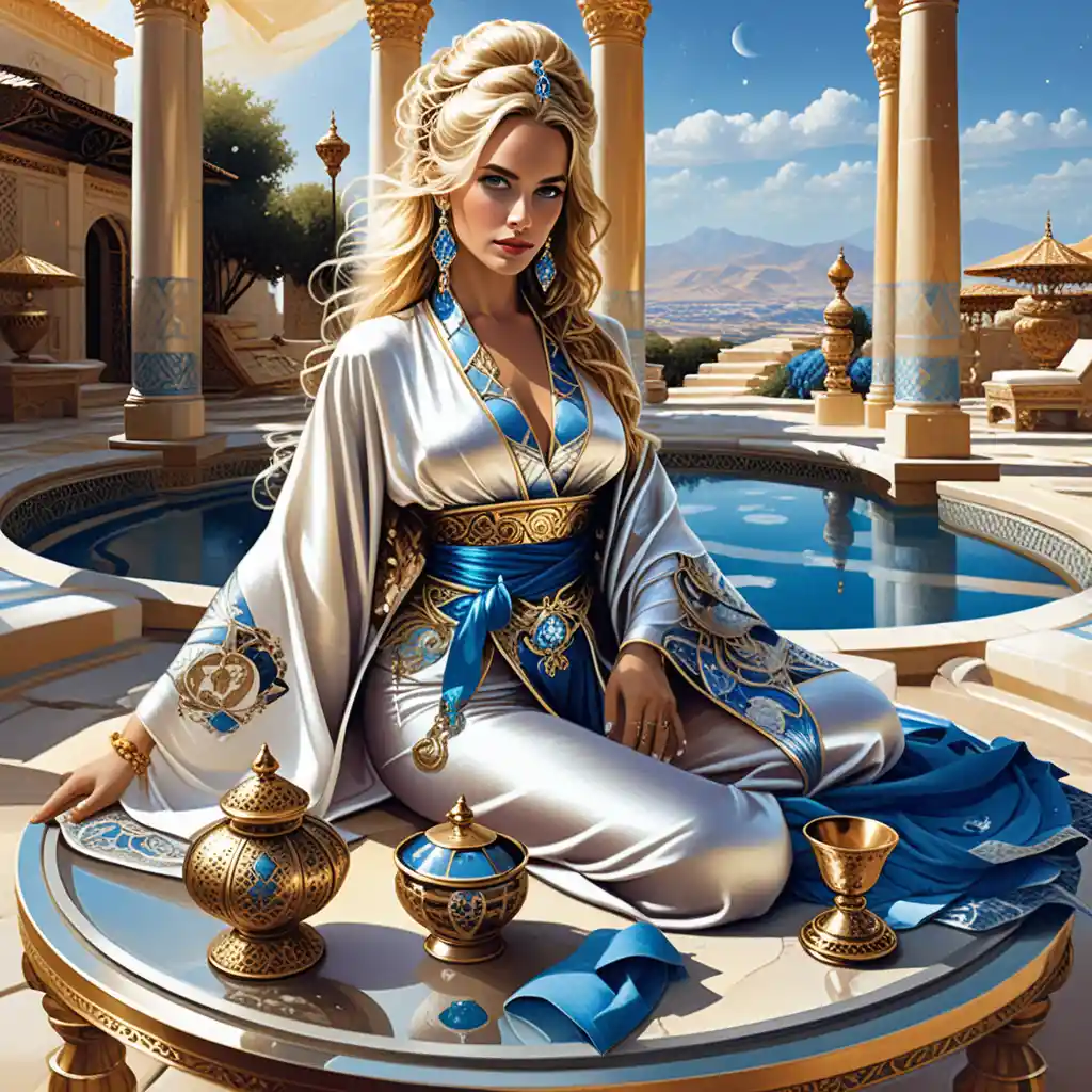 Fantasy woman in silk kimono at a celestial courtyard table