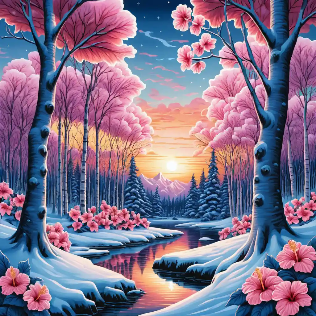 Snowy birch trees at sunset with surrounding hibiscus flowers