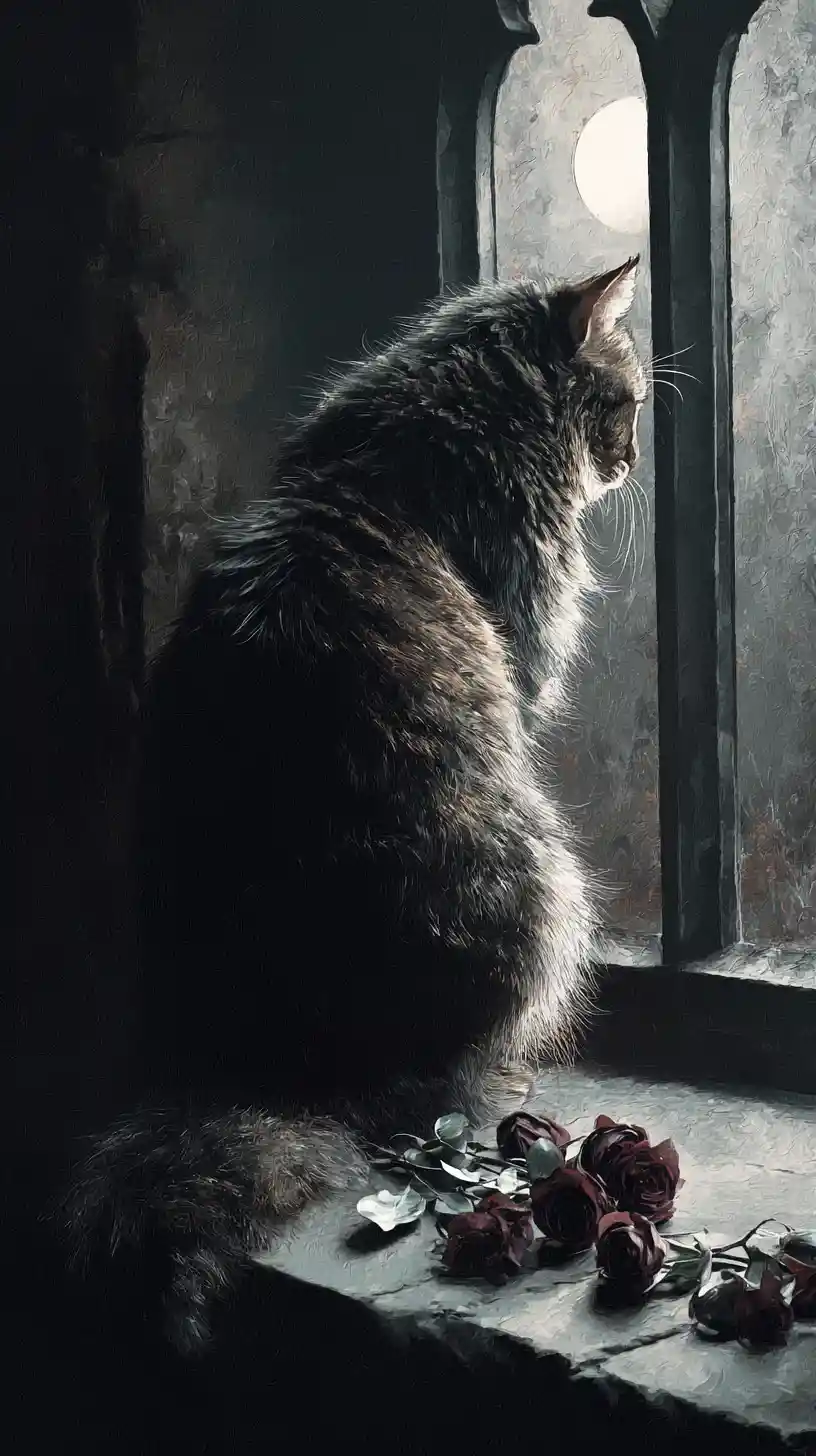 Gatto Arruffato su Davanzale Gotico che Domina un Deserto al Chiaro di Luna