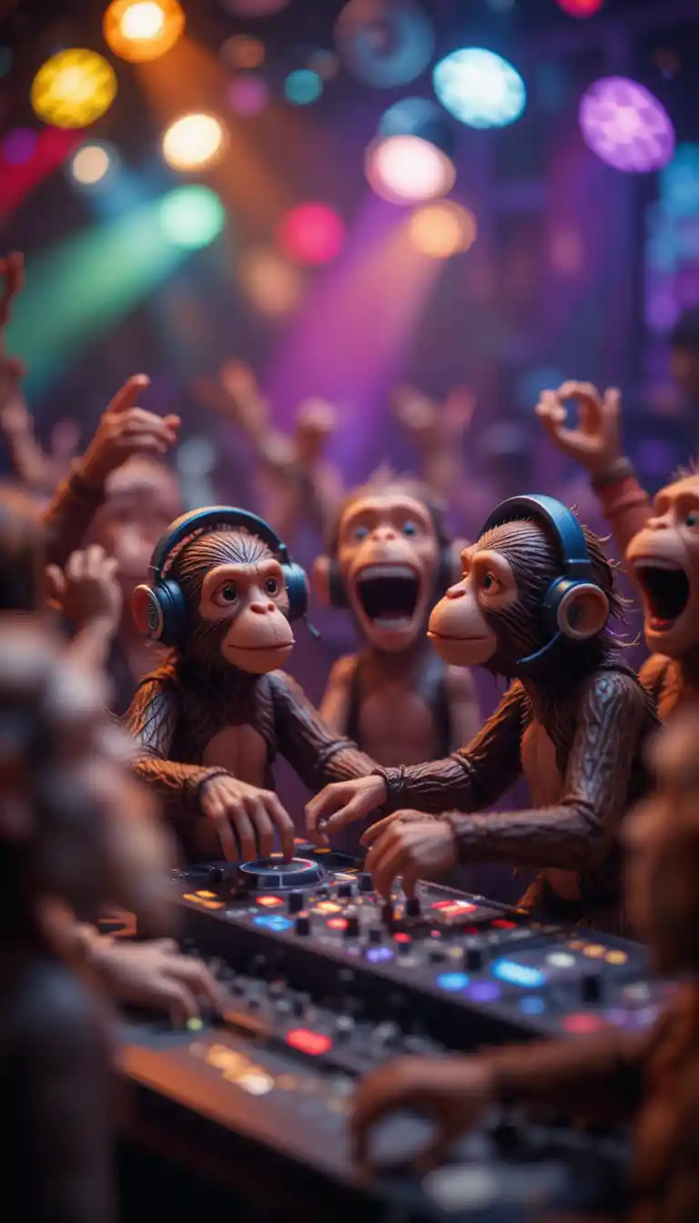 Miniature toy monkeys DJing under colorful disco club lights
