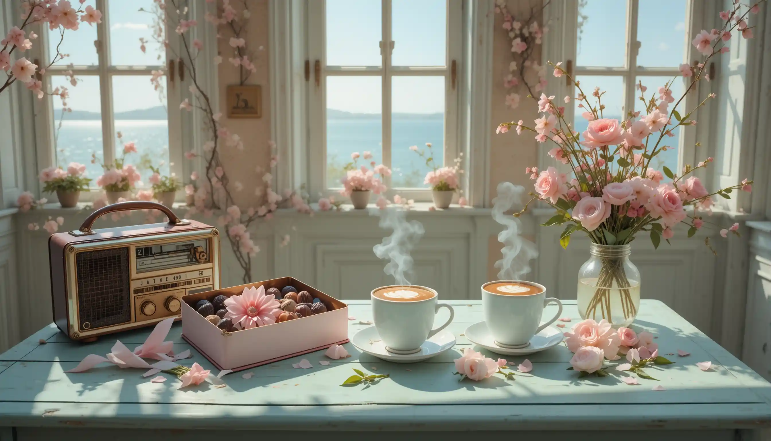 Romantic chocolates and hot drinks by a sunny sea window