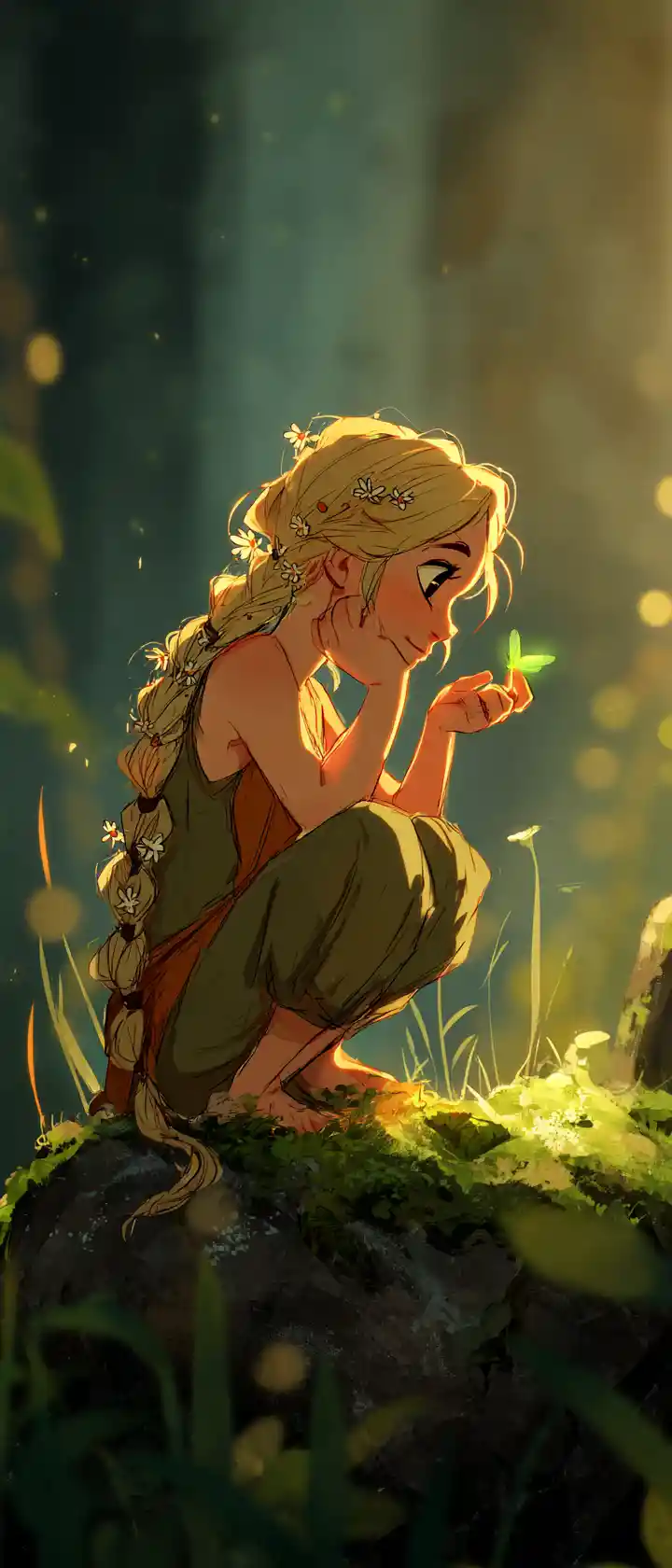 Girl With Braided Hair Watching A Glowing Firefly At Dawn