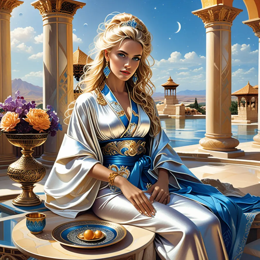 Blonde enchantress in silk kimono at gilded courtyard table