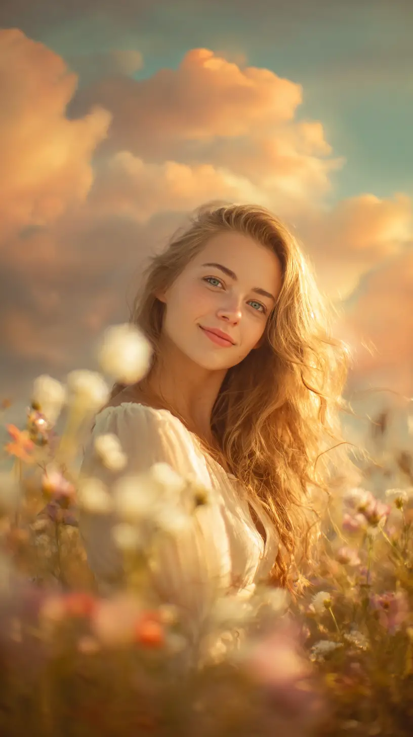 Peaceful Girl In Flower Field At Golden Sunset