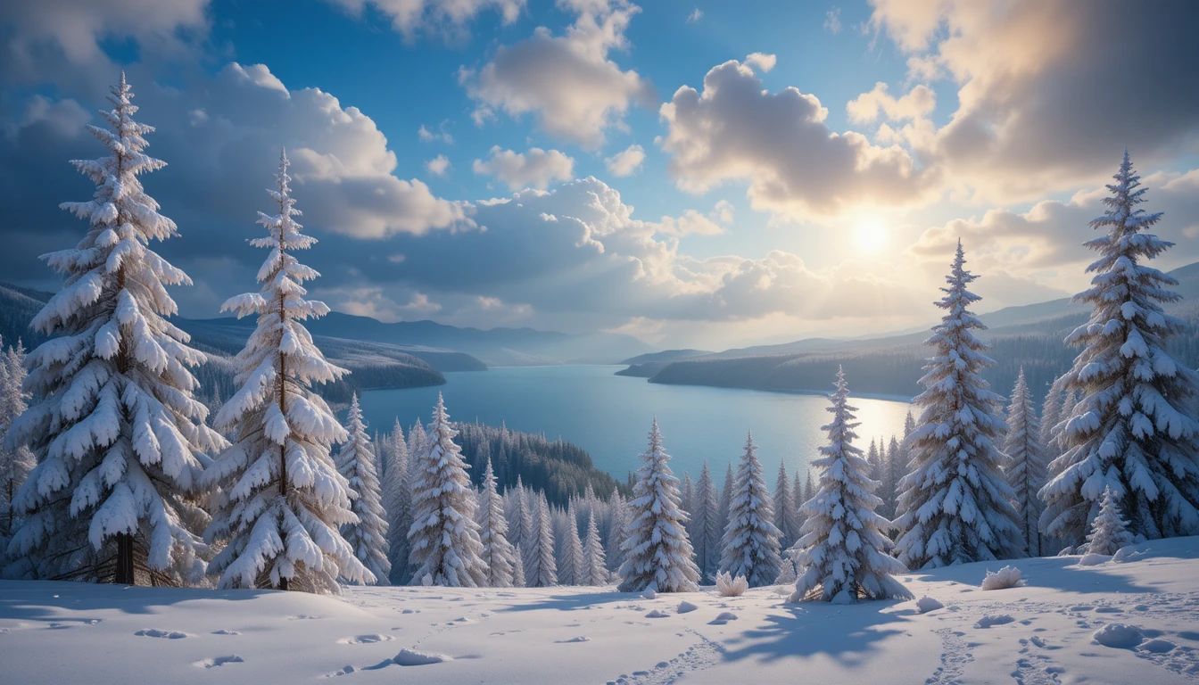 Verschneiter Winterwald mit Sonnenlicht über stillem See