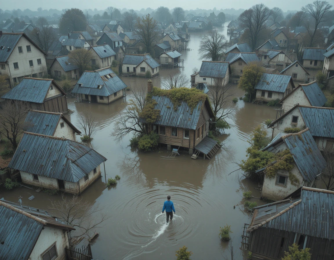 被淹沒房屋的淹水村莊空拍圖