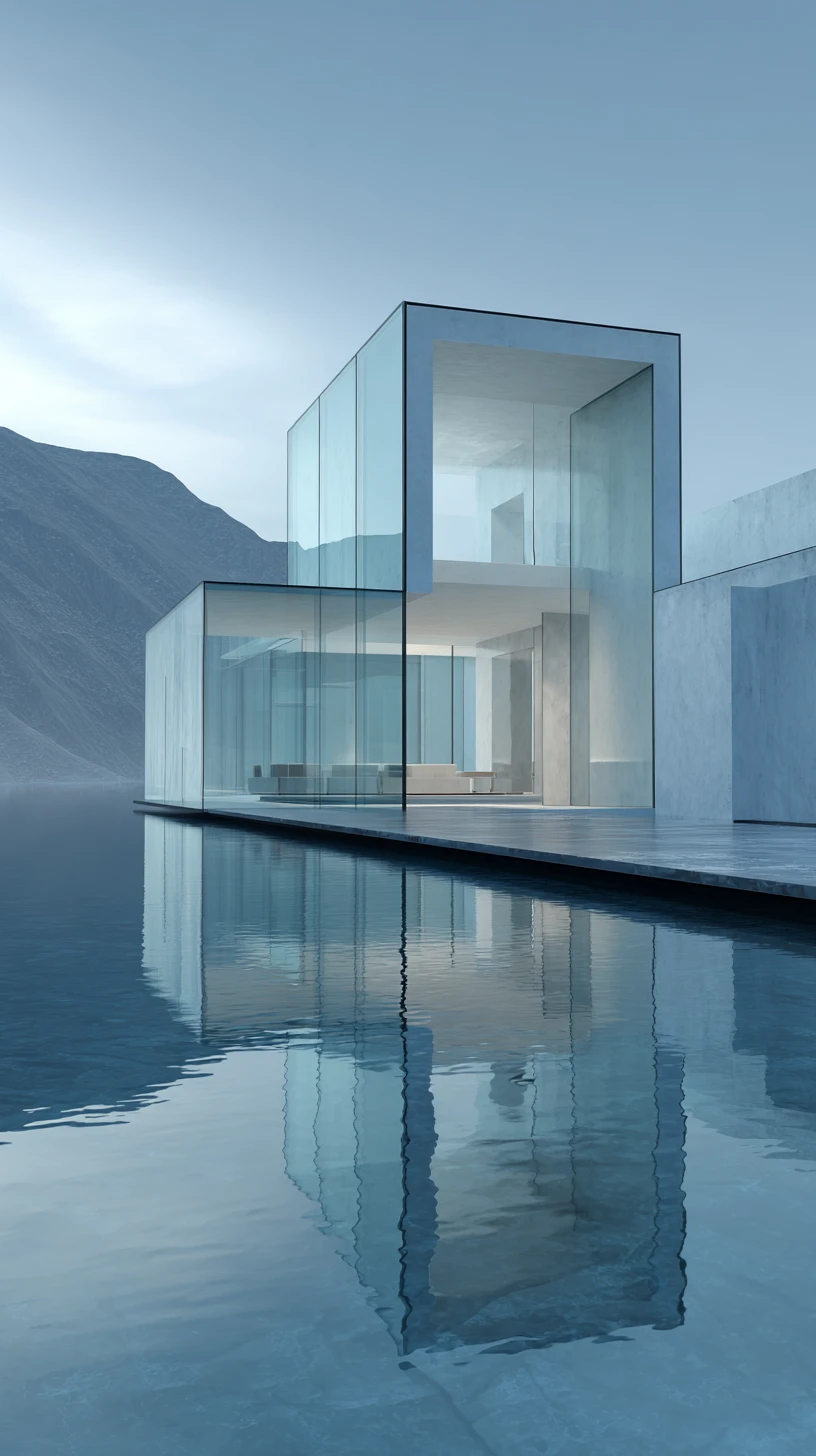Modern glass house on a lake with a mountain reflection in a minimalist, misty blue setting.