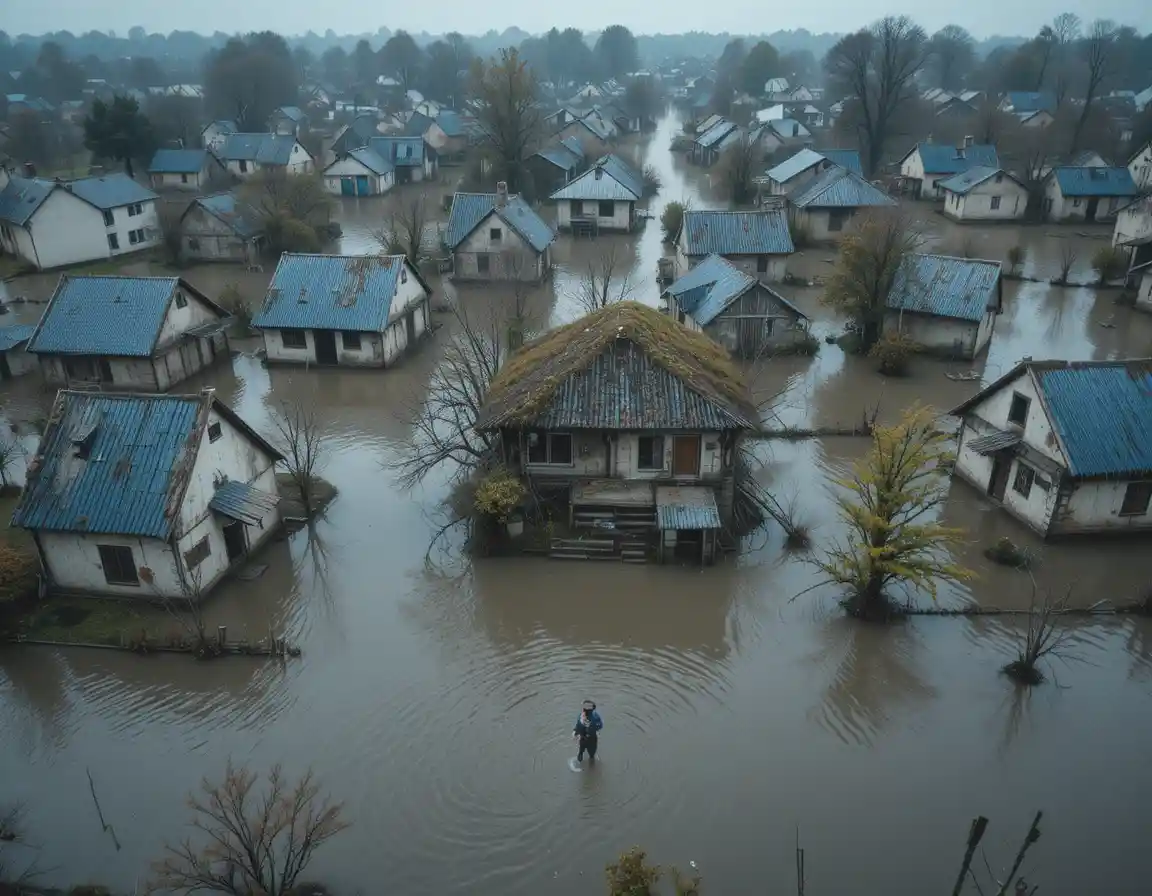 Aerial view of flooded village houses and lone evacuating figure