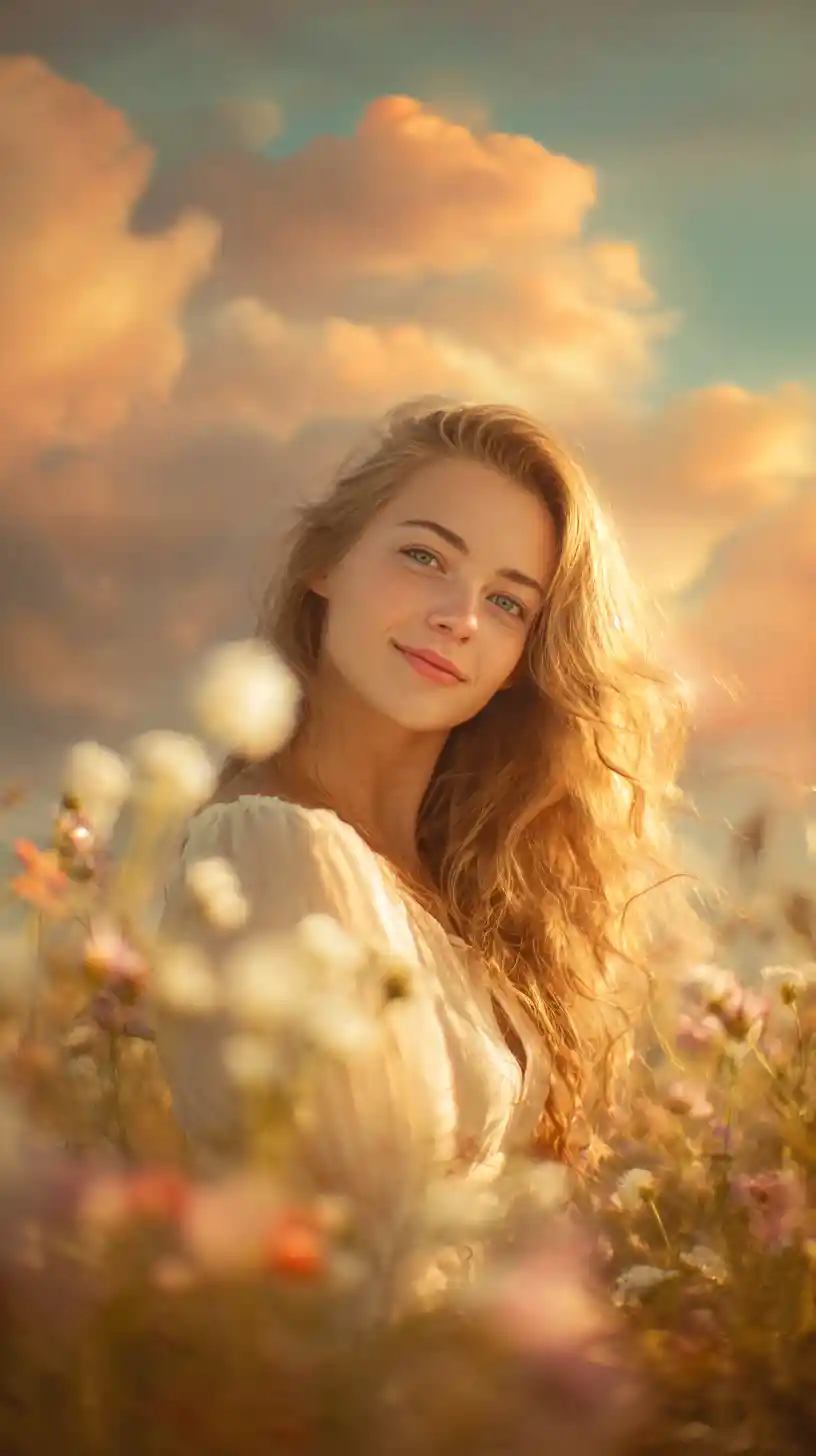 Peaceful Girl In Flower Field At Golden Sunset