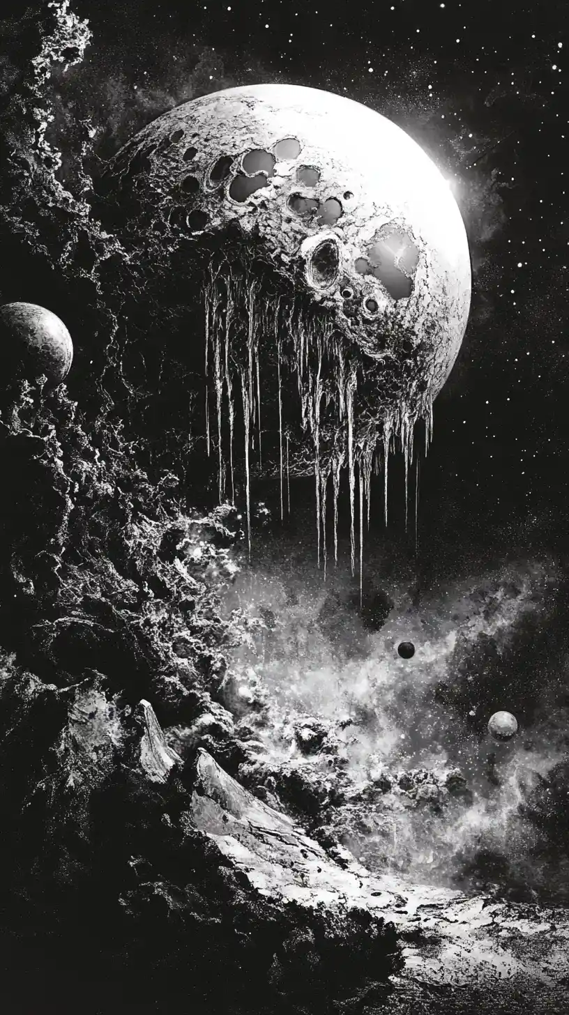 Celestial bodies folding inward in surreal cosmic space