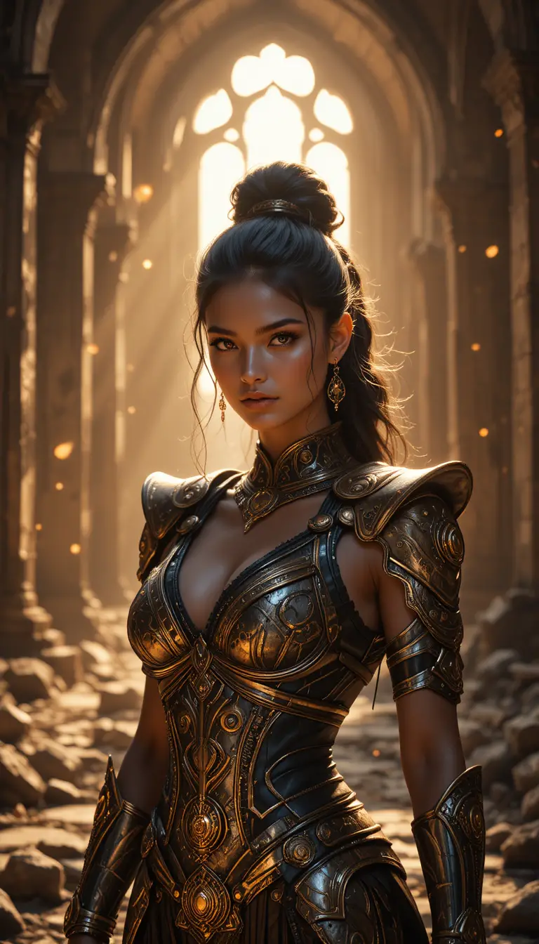 Latina fantasy warrior in golden armor in ruined hall