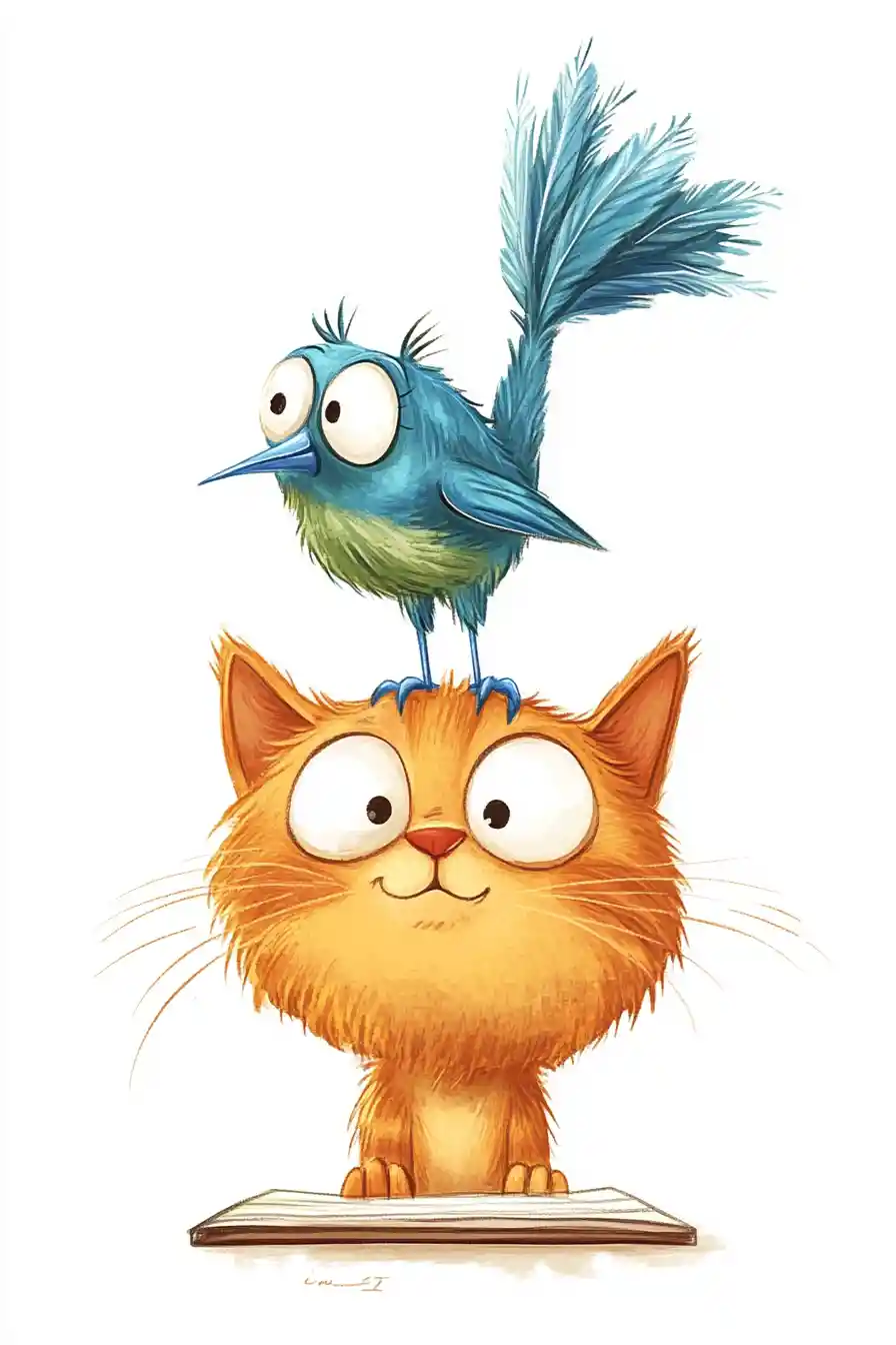Cartoon blue bird and orange cat in a playful moment