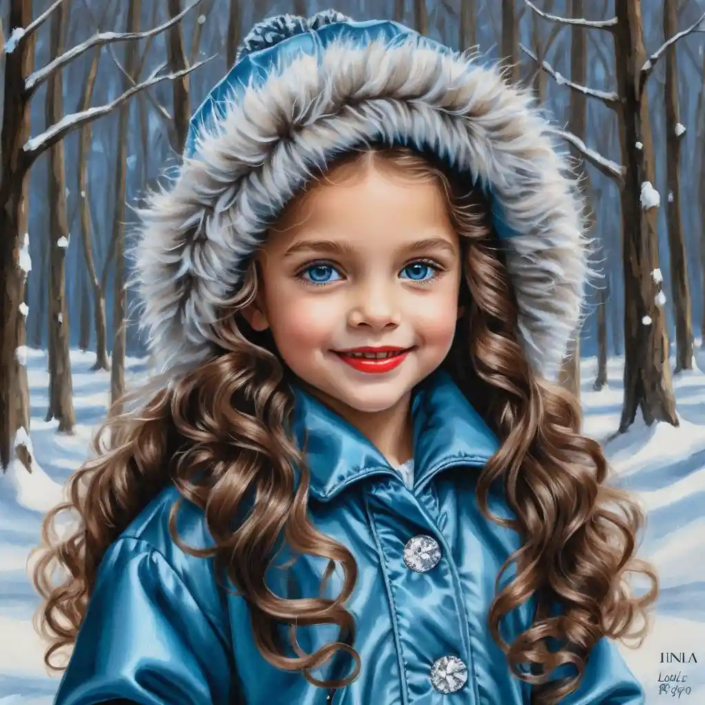Smiling winter girl with puppy in fluffy fur coat