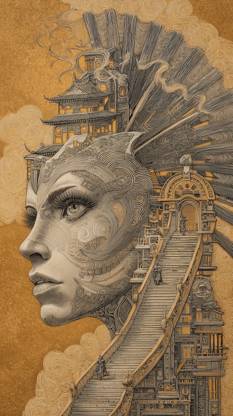 Rostro femenino tatuado surreal fusionado con pagoda ornamentada