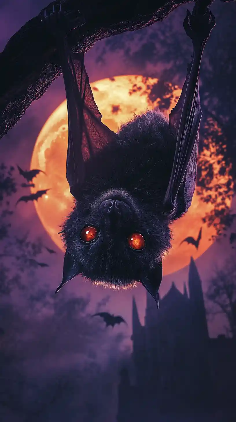Sinister bat before a burning moon over gothic ruins