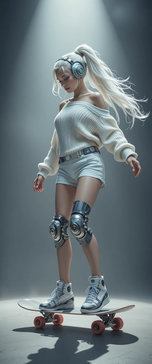Cyberpunk woman skateboarding in dramatic studio portrait