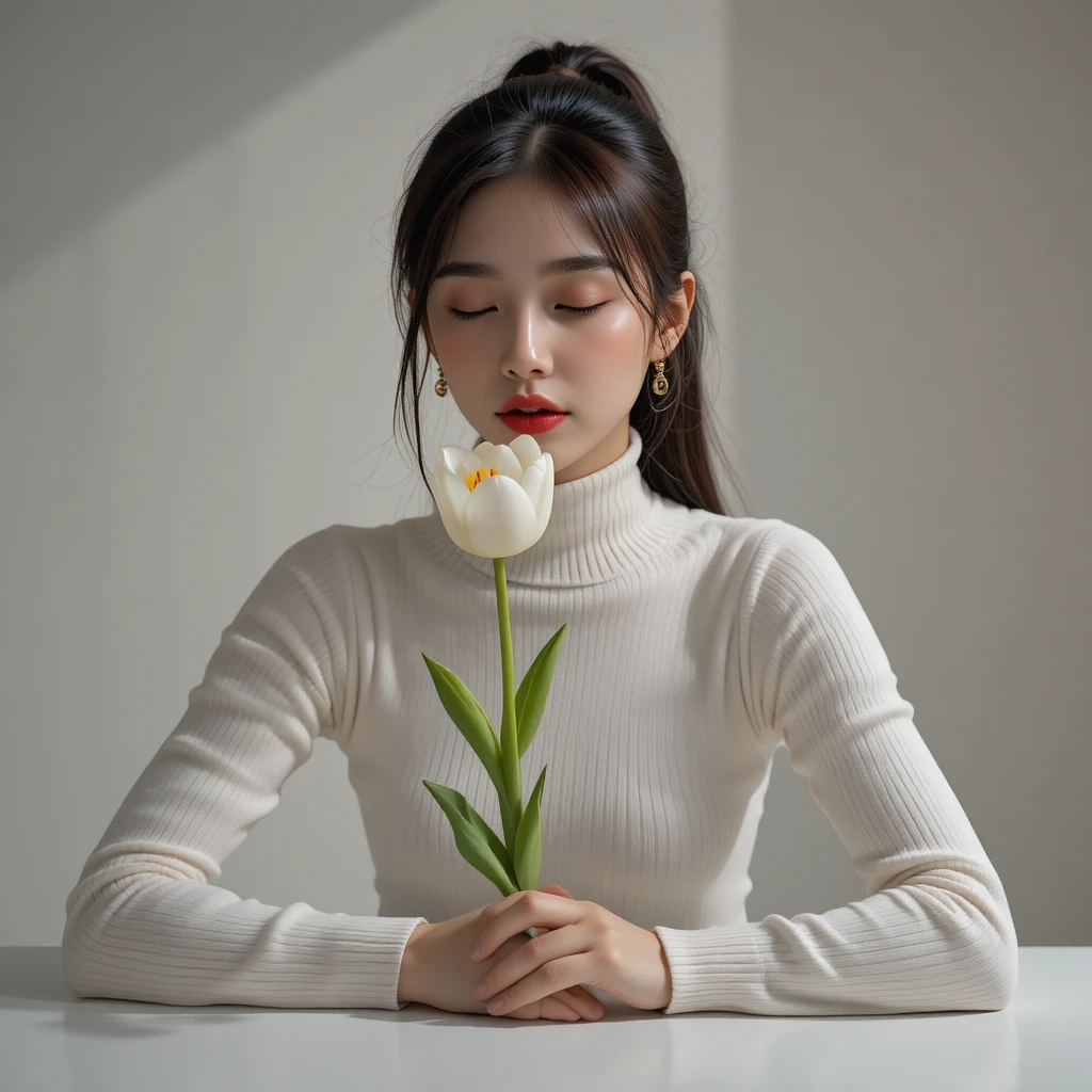 Korean woman kissing a white tulip in studio backlight