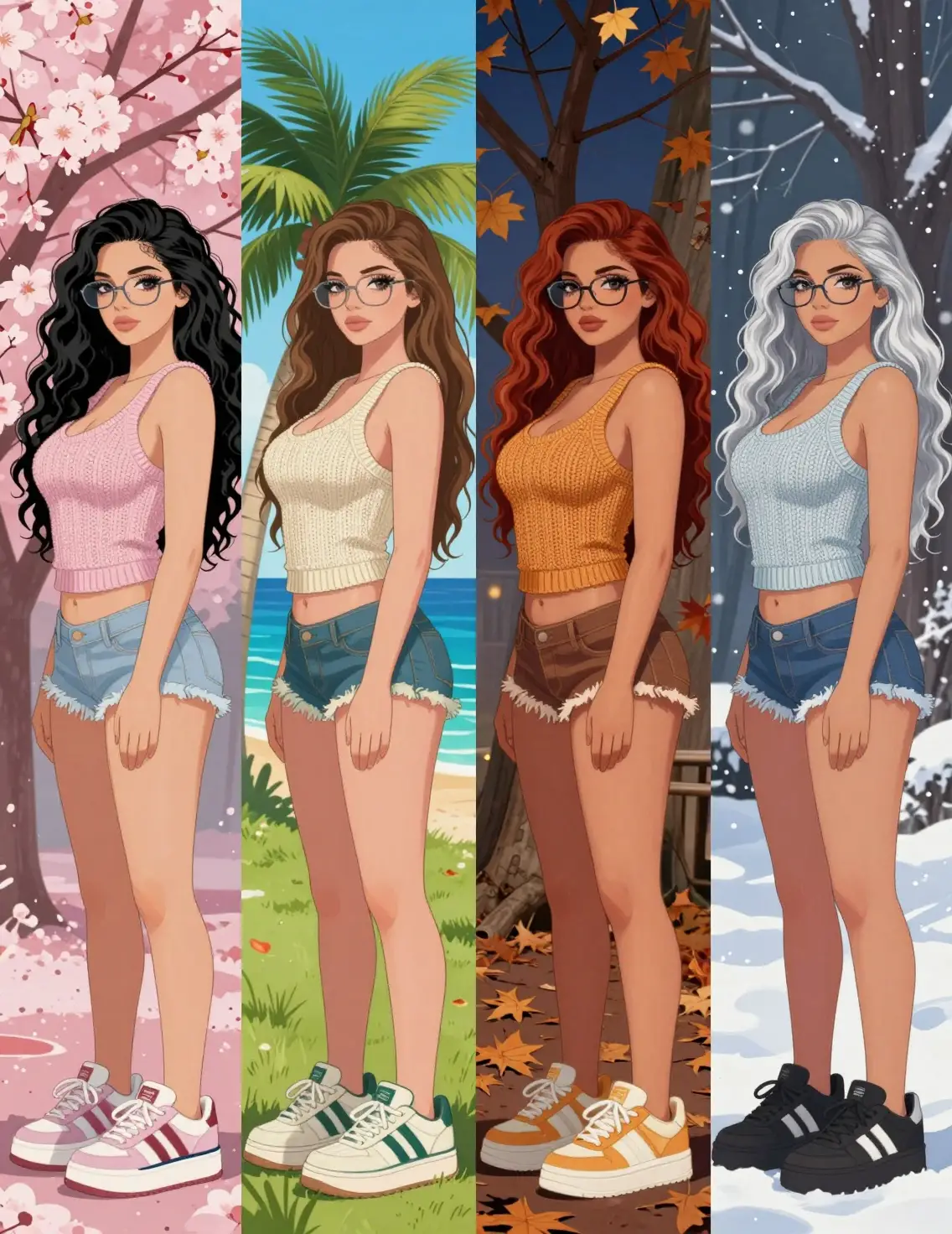 Anime woman at night in a four season stripe layout