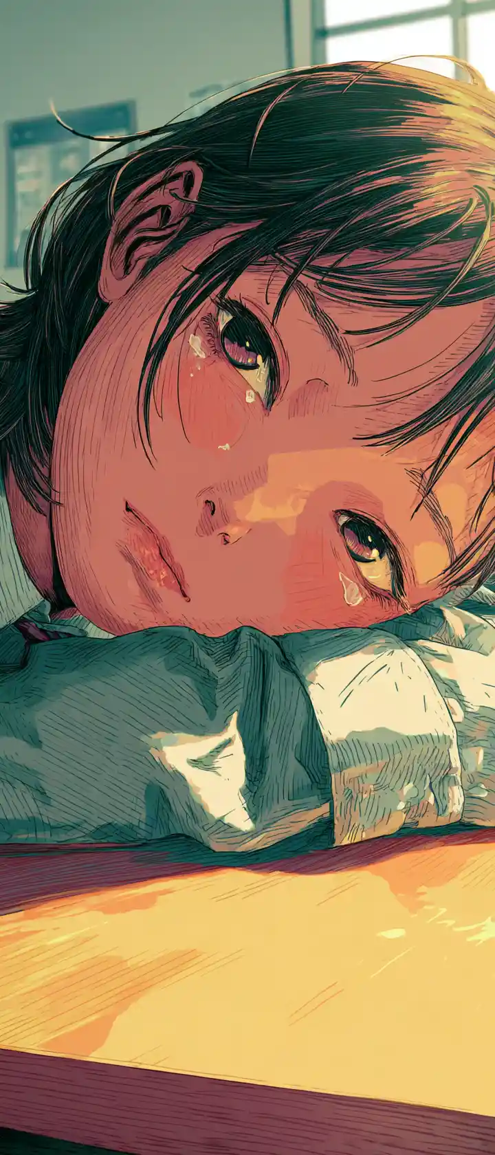 Anime-Mädchen ruht auf einem Schulpult im schwindenden Licht