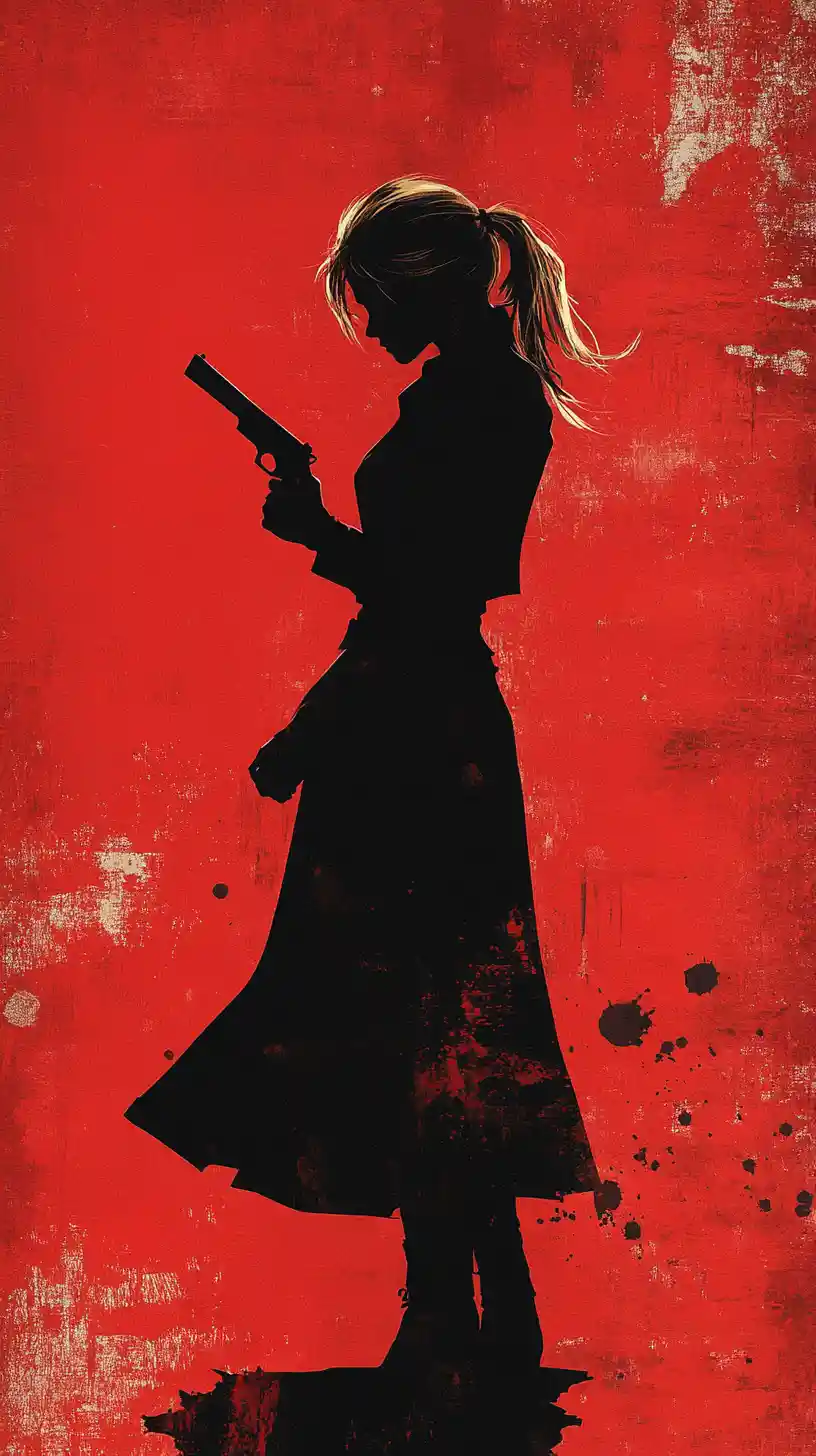 Ragazza in silhouette con pistola su sfondo grafico rosso