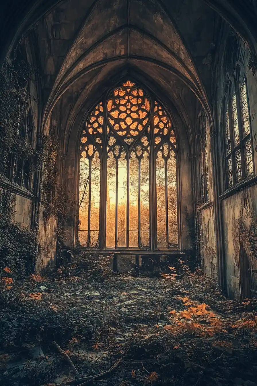 Girl waking at sunrise in a vast ruined hall